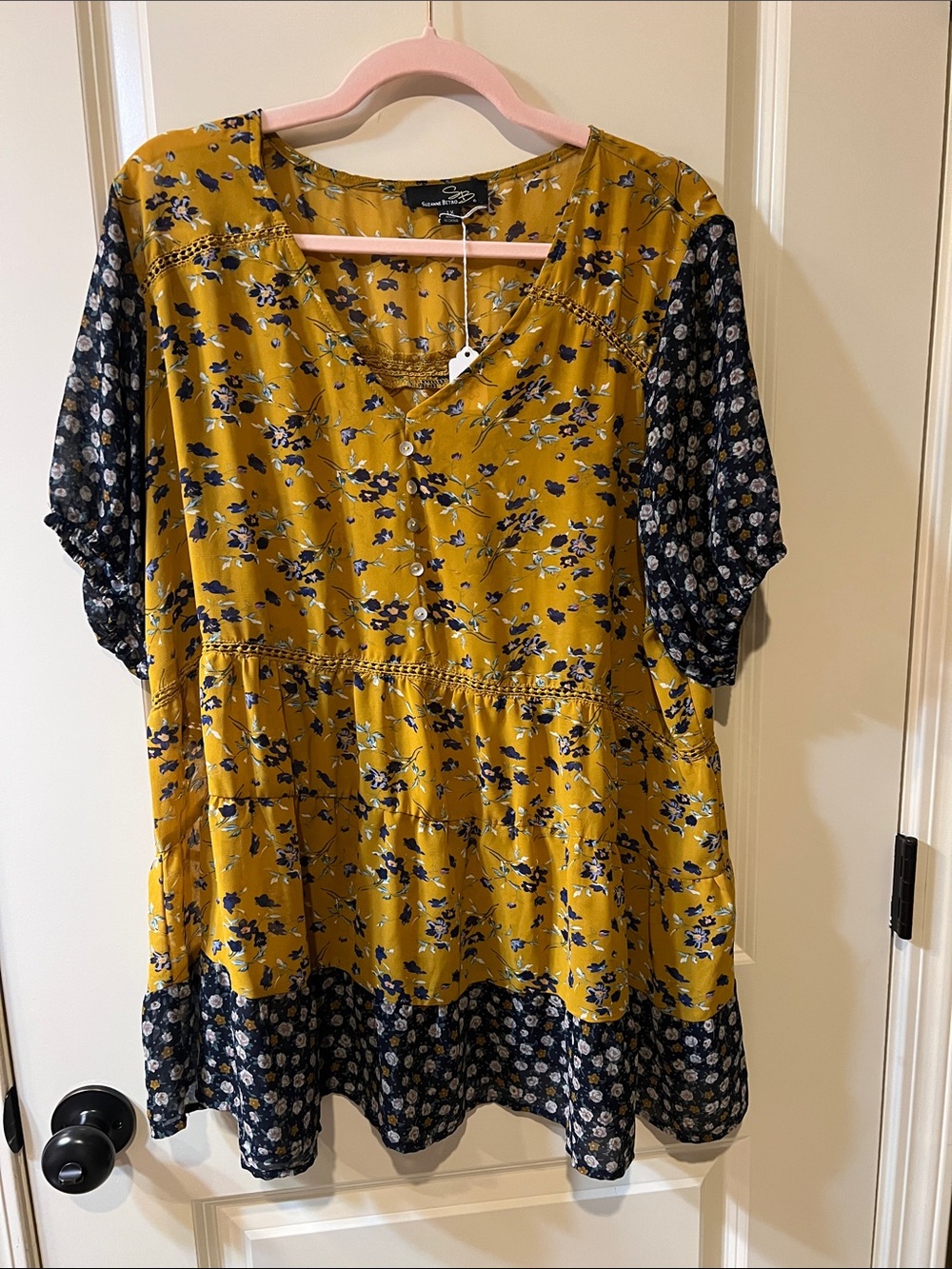 Suzanne Betro Mustard Yellow and Navy Floral Tiered Tunic C253